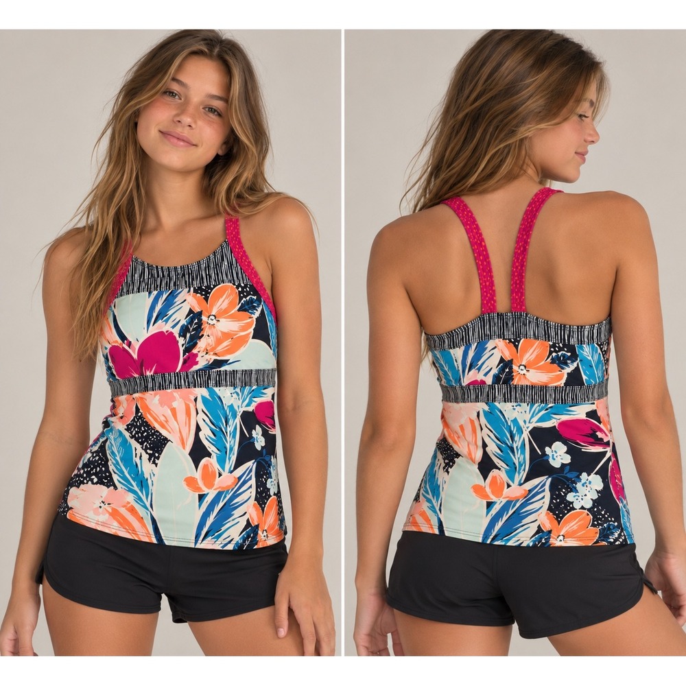 Athleta Girl Paradise Splash Tankini Top Floral High Neck Swim XL 14 Navy Pink